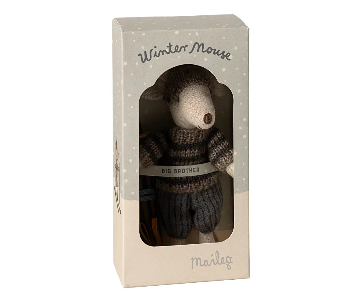 Maileg Winter mouse with ski set, Big brother - Grey